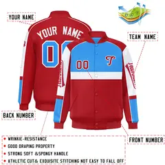 Powder Blue Red Raglan Sleeve Varsity Letterman Jacket 2