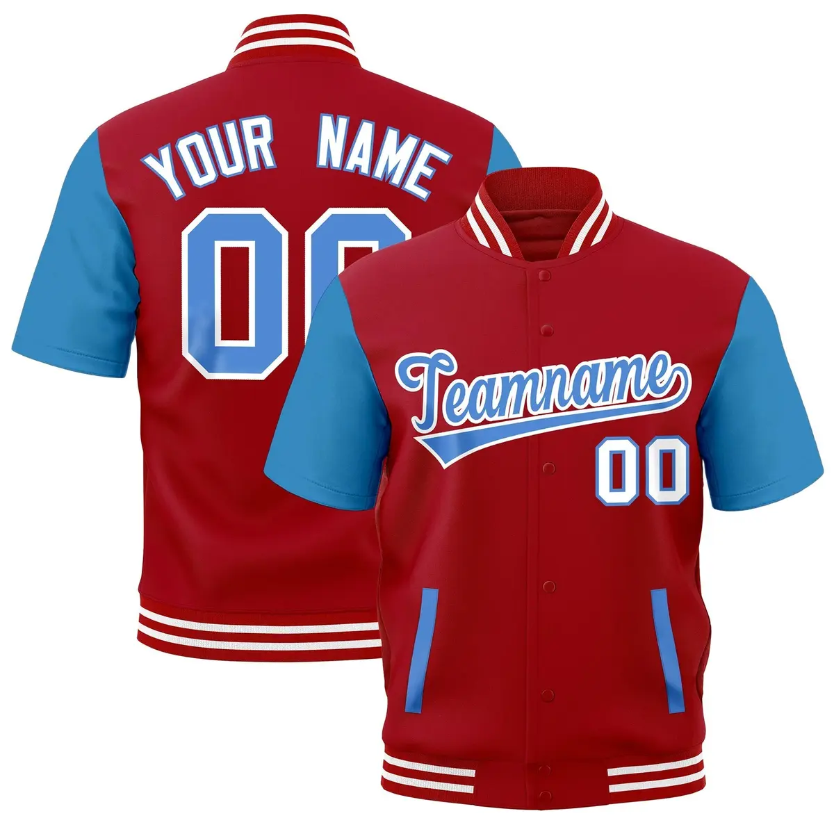 Powder Blue Red Short Sleeve Full-Snap Varsity Jacket