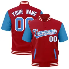 Powder Blue Red Short Sleeve Full-Snap Varsity Jacket