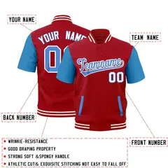 Powder Blue Red Short Sleeve Full-Snap Varsity Jacket 2