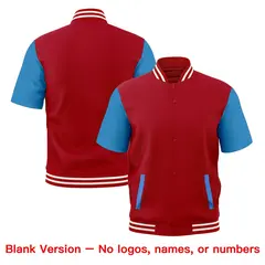Powder Blue Red Short Sleeve Full-Snap Varsity Jacket 7