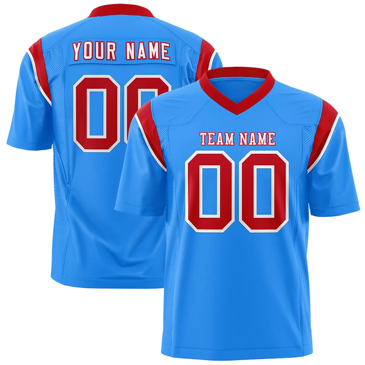 Powder Blue Red Shoulder Cut Two-Tone Flag Football Jersey