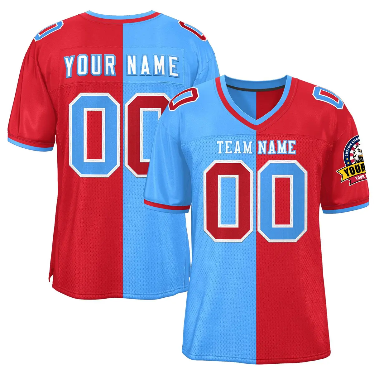 Powder Blue Red Split Two Tone Design Football Jersey