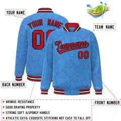 Powder Blue Red Star Pattern Varsity Letterman Baseball Jacket 2