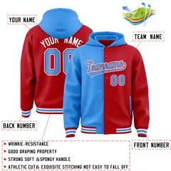 Powder Blue Red Two Tone Split Full-Snap Varsity Letterman Hoodie Jacket 4