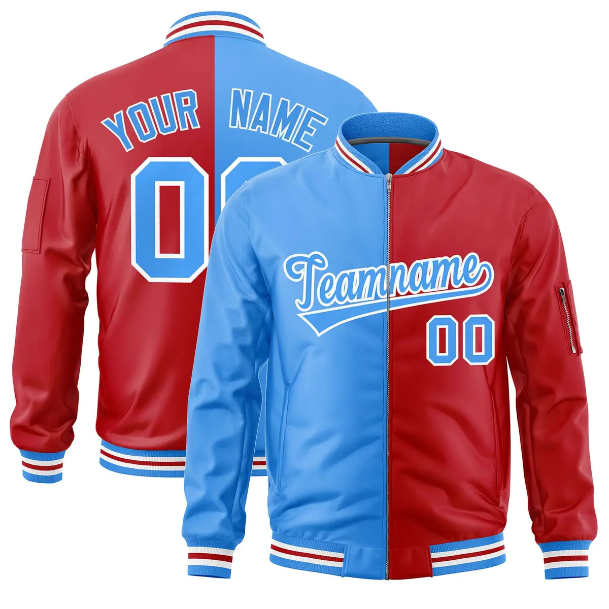 Powder Blue Red Two Tone Split Varsity Full-Zip Letterman Bomber Jacket