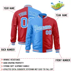 Powder Blue Red Two Tone Split Varsity Full-Zip Letterman Bomber Jacket 2