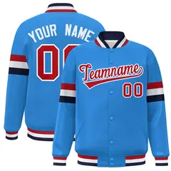 Powder Blue Red-White Color Block Varsity Full-Snap Baseball Jacket 1