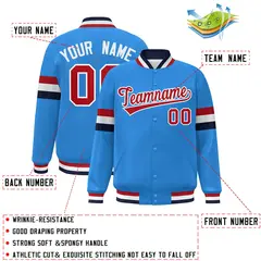 Powder Blue Red-White Color Block Varsity Full-Snap Baseball Jacket 2