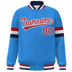 Powder Blue Red-White Color Block Varsity Full-Snap Baseball Jacket 3