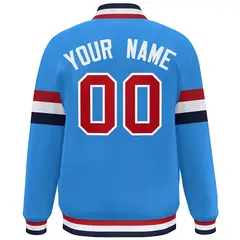 Powder Blue Red-White Color Block Varsity Full-Snap Baseball Jacket 4