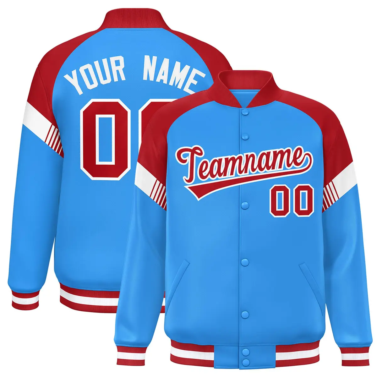 Powder Blue Red-White Color Block Varsity Letterman Jacket