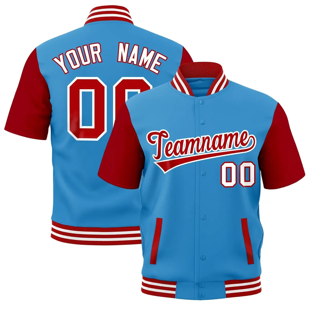 Powder Blue Red White Full-Snap Short Sleeve Varsity Jacket