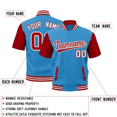 Powder Blue Red White Full-Snap Short Sleeve Varsity Jacket 2