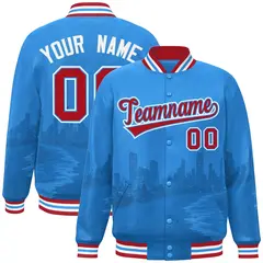 Powder Blue Red-White Miami Skyline Varsity Full-Snap Track Jacket