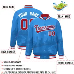 Powder Blue Red-White Miami Skyline Varsity Full-Snap Track Jacket 2