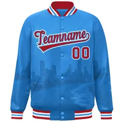 Powder Blue Red-White Miami Skyline Varsity Full-Snap Track Jacket 3