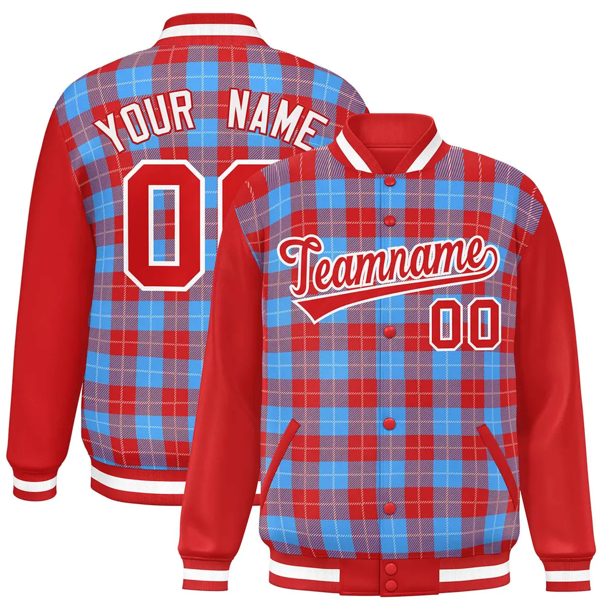 Powder Blue Red-White Plaid Varsity Letterman Baseball Jacket