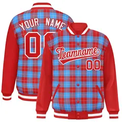 Powder Blue Red-White Plaid Varsity Letterman Baseball Jacket 1