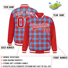 Powder Blue Red-White Plaid Varsity Letterman Baseball Jacket 2