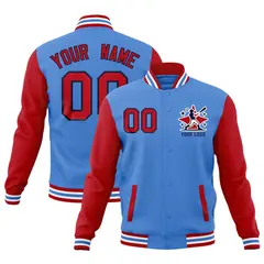 Powder Blue Red White Raglan Full-Snap Letterman Cotton Jacket 1