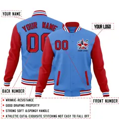 Powder Blue Red White Raglan Full-Snap Letterman Cotton Jacket 2