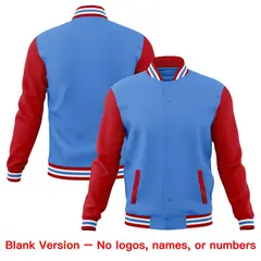 Powder Blue Red White Raglan Full-Snap Letterman Cotton Jacket 6