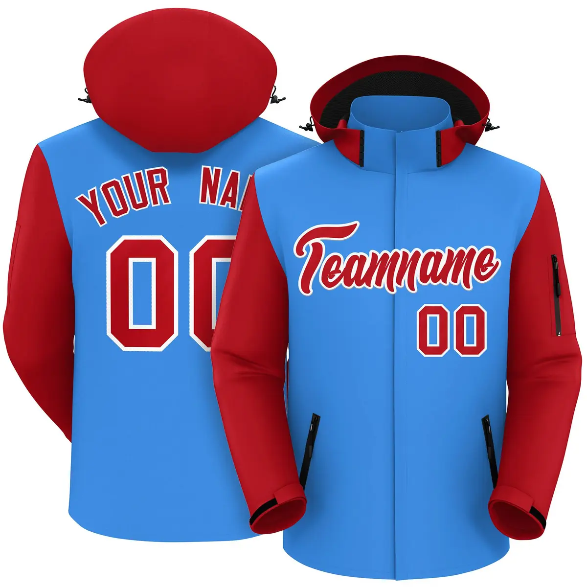 Powder Blue Red-White Raglan Sleeve Waterproof Jacket