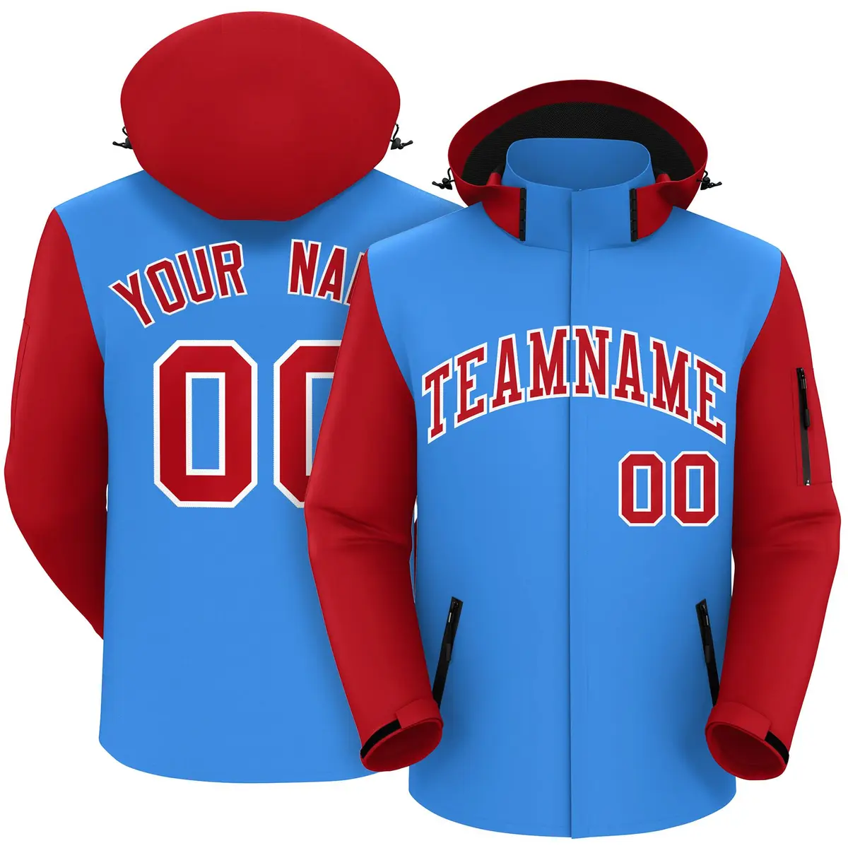 Powder Blue Red-White Raglan Sleeve Waterproof Jacket