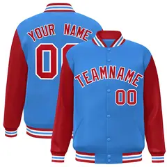 Powder Blue Red-White Raglan Varsity Full-Snap Letterman Jacket 1