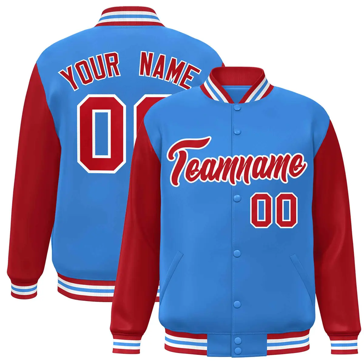 Powder Blue Red-White Raglan Varsity Full-Snap Letterman Jacket