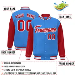 Powder Blue Red-White Raglan Varsity Full-Snap Letterman Jacket 2