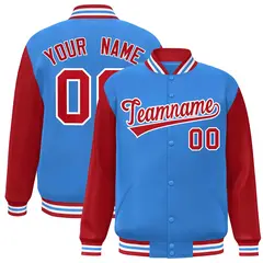 Powder Blue Red-White Raglan Varsity Full-Snap Letterman Jacket 1
