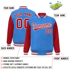 Powder Blue Red-White Raglan Varsity Full-Snap Letterman Jacket 2