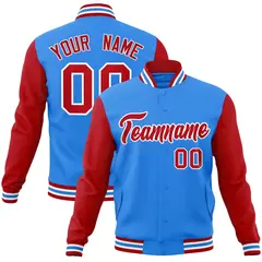 Powder Blue Red-White Raglan Varsity Full-Snap Letterman Jacket