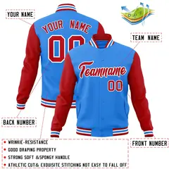 Powder Blue Red-White Raglan Varsity Full-Snap Letterman Jacket 4