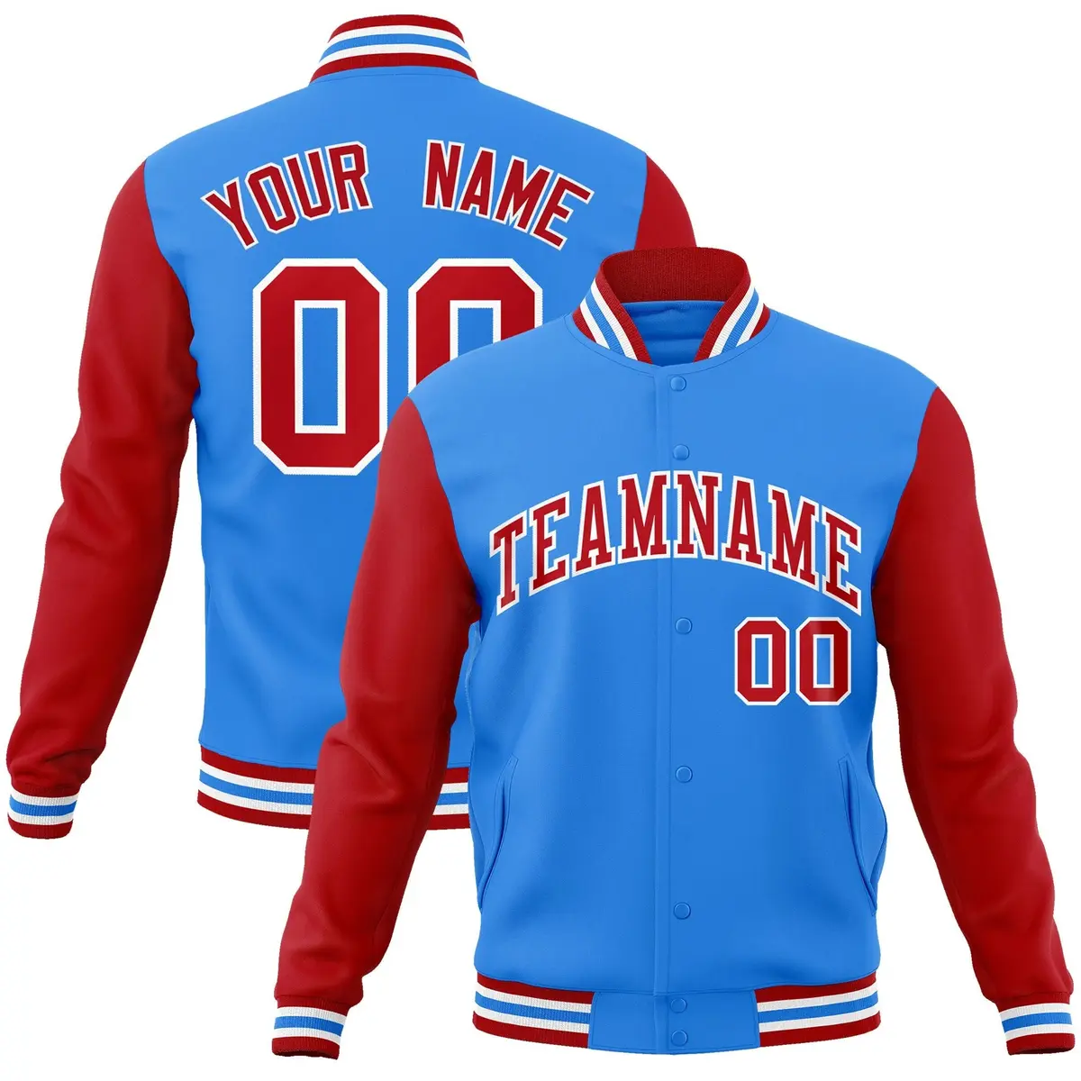 Powder Blue Red-White Raglan Varsity Full-Snap Letterman Jacket