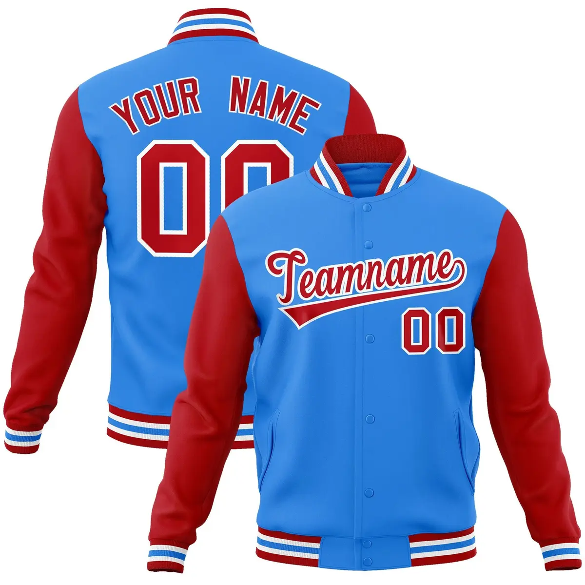 Powder Blue Red-White Raglan Varsity Full-Snap Letterman Jacket
