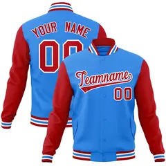 Powder Blue Red-White Raglan Varsity Full-Snap Letterman Jacket 1