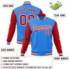 Powder Blue Red-White Raglan Varsity Full-Snap Letterman Jacket 4