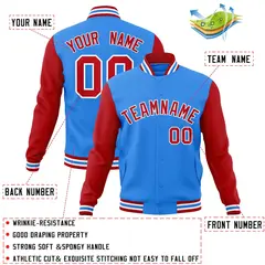Powder Blue Red-White Raglan Varsity Full-Snap Letterman Jacket 4