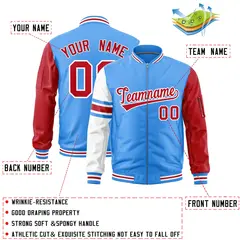 Powder Blue Red-White Stripe Raglan Varsity Full-Zip Letterman Bomber Jacket 2