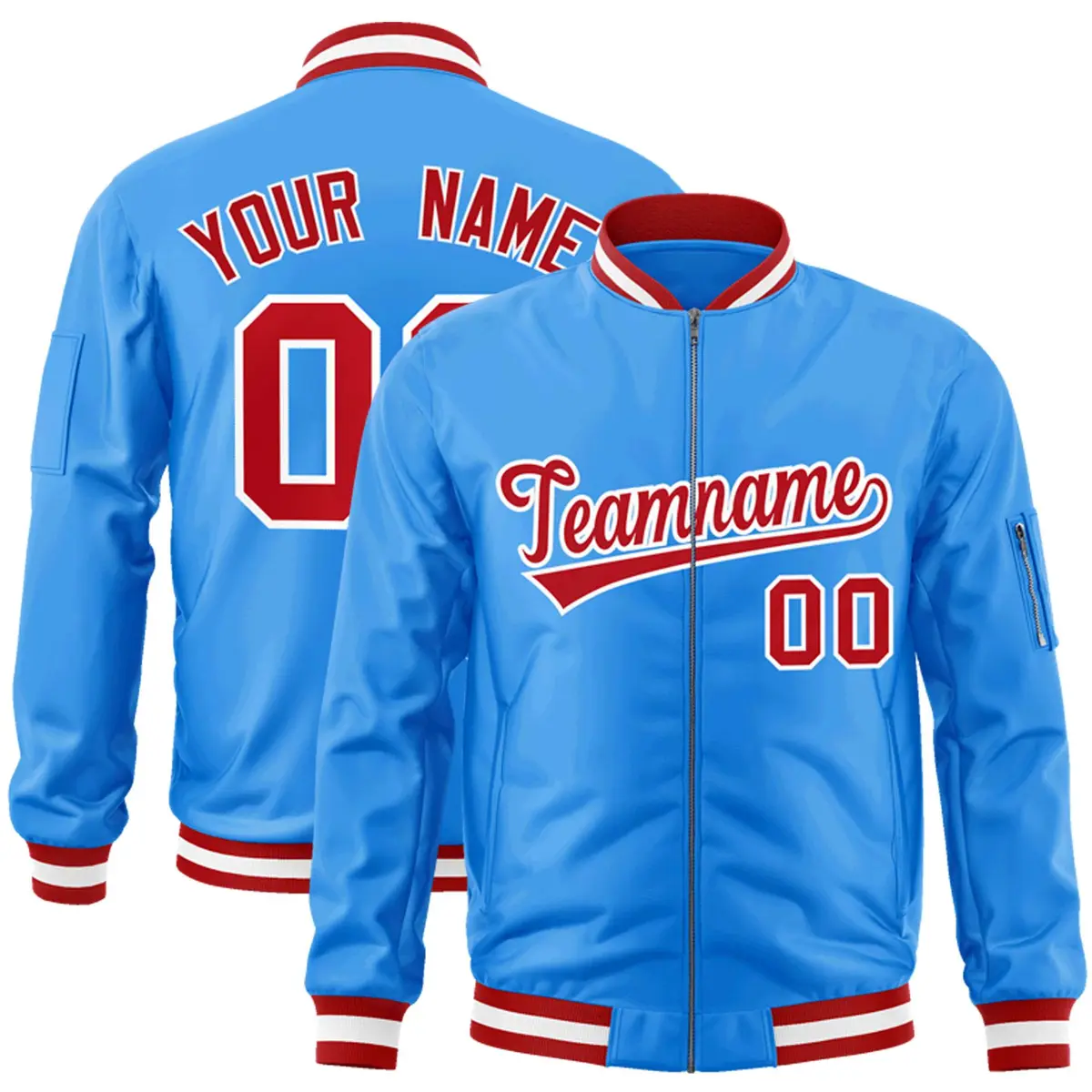 Powder Blue Red-White Varsity Full-Zip Letterman Bomber Jacket