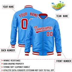Powder Blue Red-White Varsity Full-Zip Letterman Bomber Jacket 2