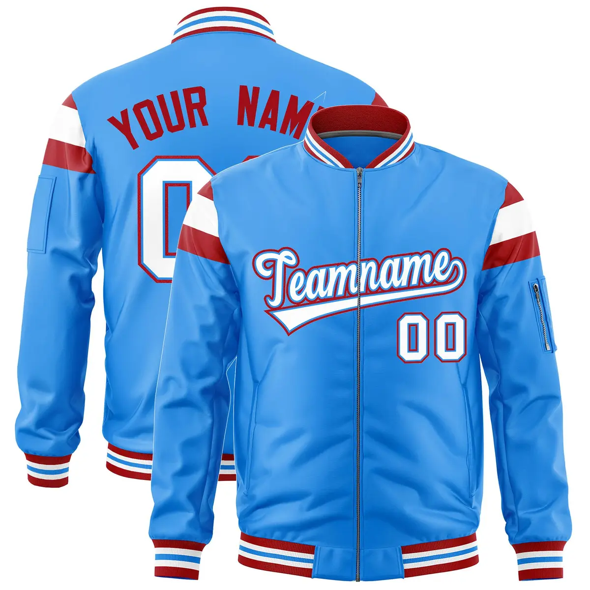 Powder Blue Red-White Varsity Full-Zip Shoulder Color Block Letterman Bomber Jacket