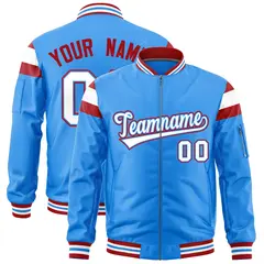 Powder Blue Red-White Varsity Full-Zip Shoulder Color Block Letterman Bomber Jacket 1