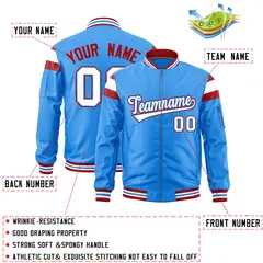 Powder Blue Red-White Varsity Full-Zip Shoulder Color Block Letterman Bomber Jacket 2
