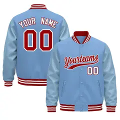 Powder Blue Red White Varsity Jacket with Faux Leather Sleeves 1