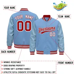 Powder Blue Red White Varsity Jacket with Faux Leather Sleeves 2
