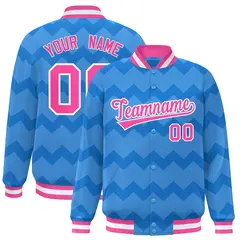Powder Blue Ripple Color Block Full-Snap Varsity Baseball Jacket 1